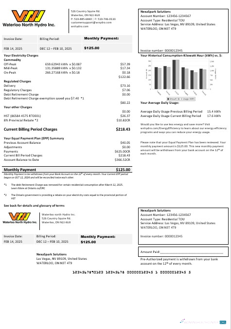 USA Nevada Waterloo North Hydro business utility bill template in Word and PDF formats (version 2)